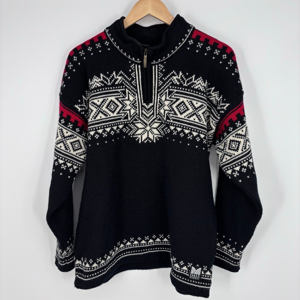 Dale of Norway Wool Nordic Fair Isle Quarter Zip Sweater Womens Medium Black Red